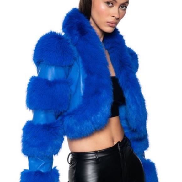 LOVERBOY FAUX FUR MOTO JACKET IN BLUE - Picture 3 of 4